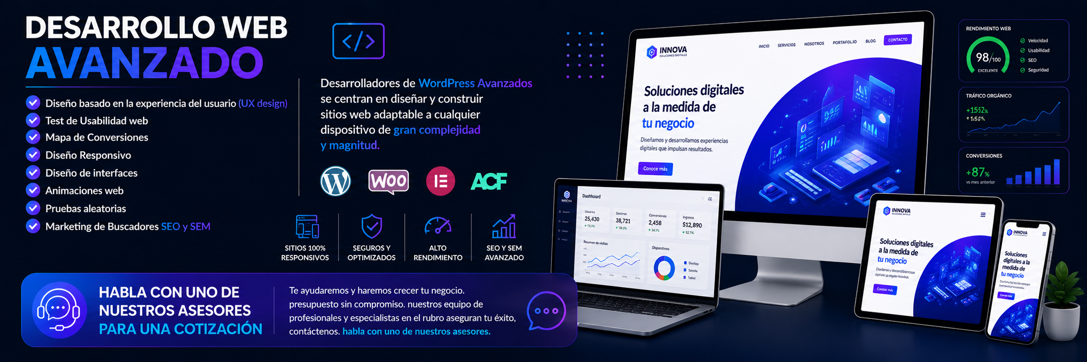 DESARROLLO WEB AVANZADO ✅Diseño basado en la experiencia del usuario (UX design) ✅Test de Usabilidad web ✅Mapa de Conversiones ✅Diseño Responsivo ✅Diseño de interfaces ✅Animaciones web ✅Pruebas aleatorias ✅Marketing de Buscadores SEO y SEM Desarrolladores de WordPress Avanzados se centran en diseñar y construir sitios web adaptable a cualquier dispositivo de gran complejidad y magnitud. HABLA CON UNO DE NUESTROS ASESORES PARA UNA COTIZACIÓN Te ayudaremos y haremos crecer tu negocio. presupuesto sin compromiso. nuestros equipo de profesionales y especialistas en el rubro aseguran tu éxito, contáctenos. habla con uno de nuestros asesores. DESARROLLO WEB AVANZADO ✅Diseño basado en la experiencia del usuario (UX design) ✅Test de Usabilidad web ✅Mapa de Conversiones ✅Diseño Responsivo ✅Diseño de interfaces ✅Animaciones web ✅Pruebas aleatorias ✅Marketing de Buscadores SEO y SEM Desarrolladores de WordPress Avanzados se centran en diseñar y construir sitios web adaptable a cualquier dispositivo de gran complejidad y magnitud. HABLA CON UNO DE NUESTROS ASESORES PARA UNA COTIZACIÓN Te ayudaremos y haremos crecer tu negocio. presupuesto sin compromiso. nuestros equipo de profesionales y especialistas en el rubro aseguran tu éxito, contáctenos. habla con uno de nuestros asesores.